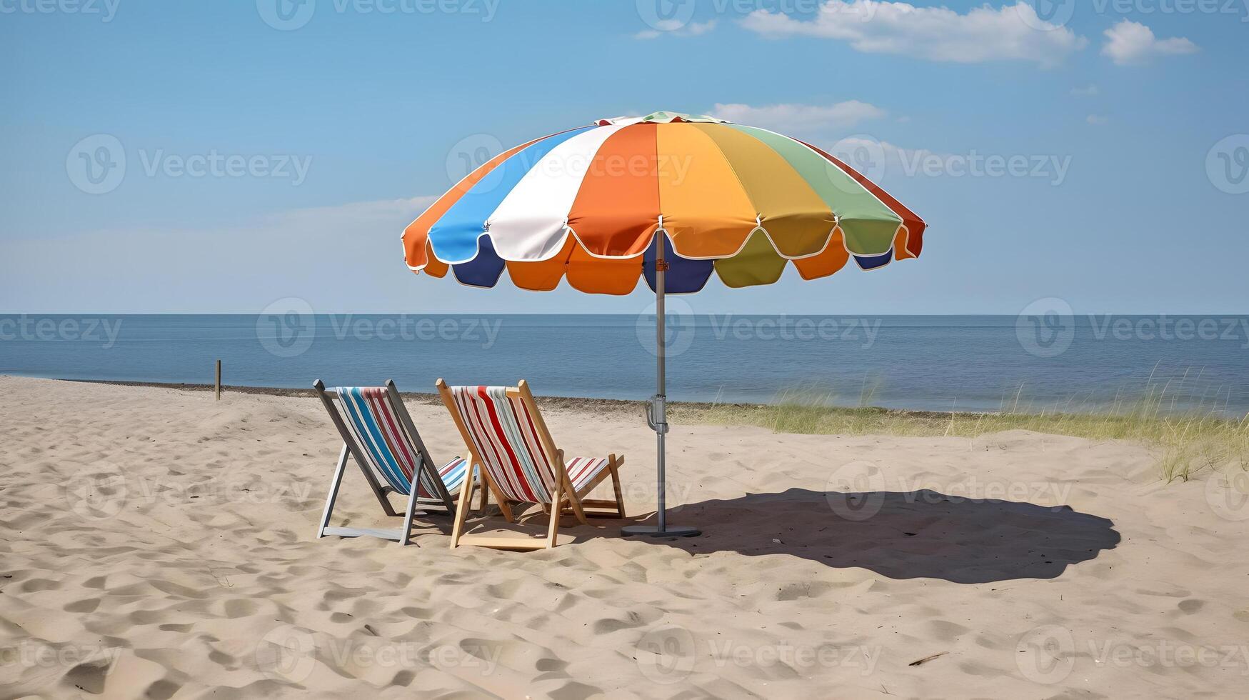 ai generiert Strand Regenschirm mit Stühle auf das Sand Strand - - Sommer- Ferien Thema Header, neural Netzwerk generiert Kunst foto