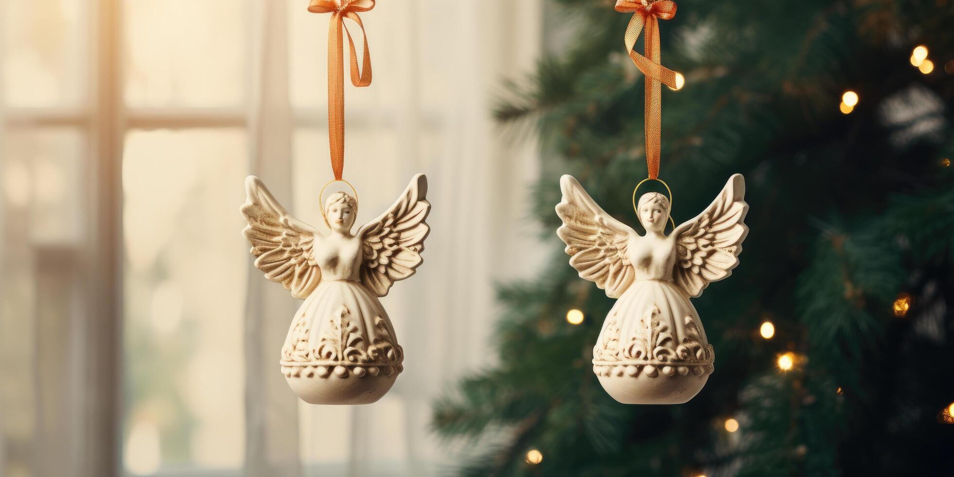 ai generiert Engel Ornamente hängend aus von ein Weihnachten Baum foto