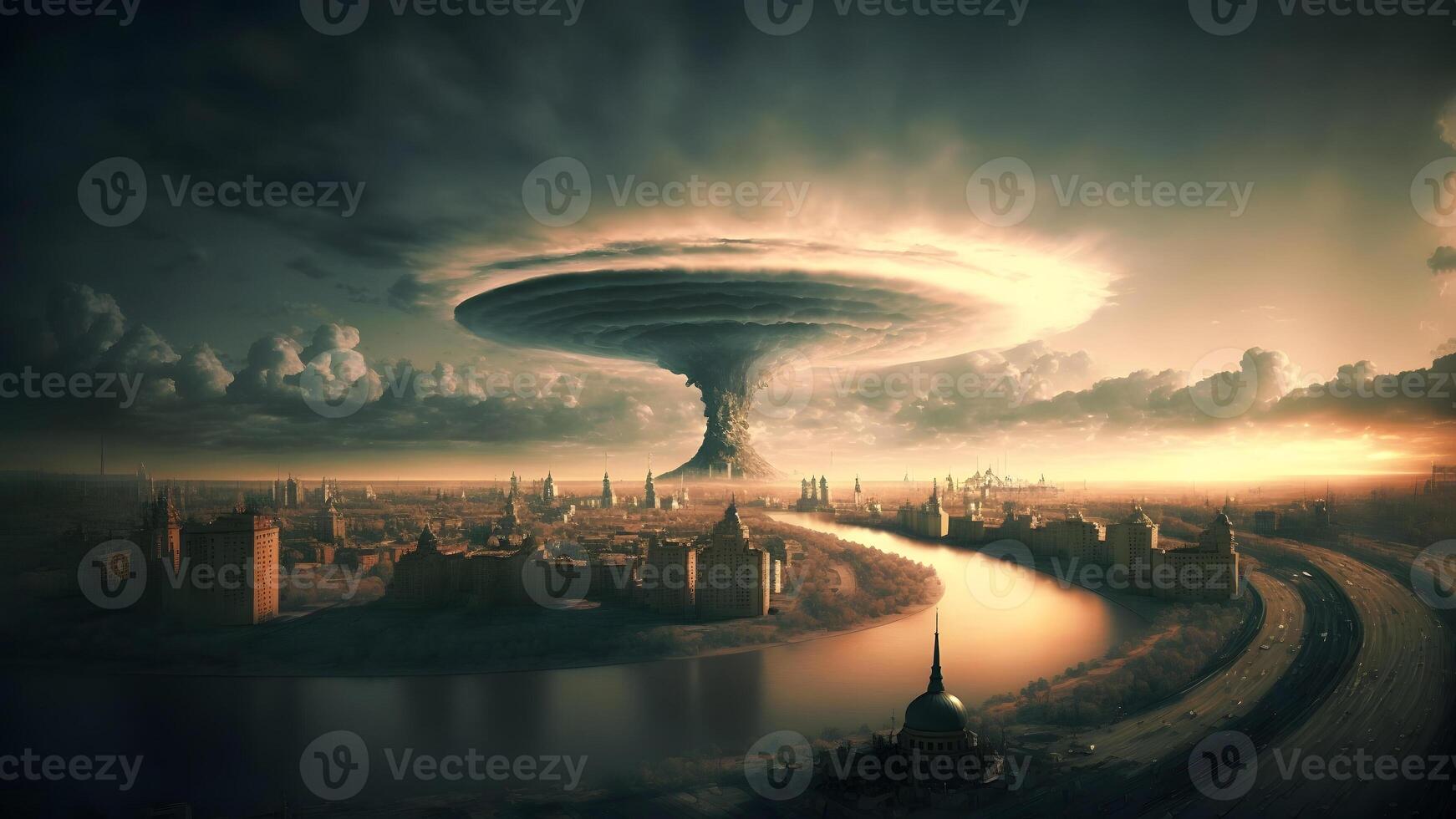 ai generiert nuklear Explosion Pilz Wolke Über Russisch Stadt beim Morgen, neural Netzwerk generiert Kunst foto