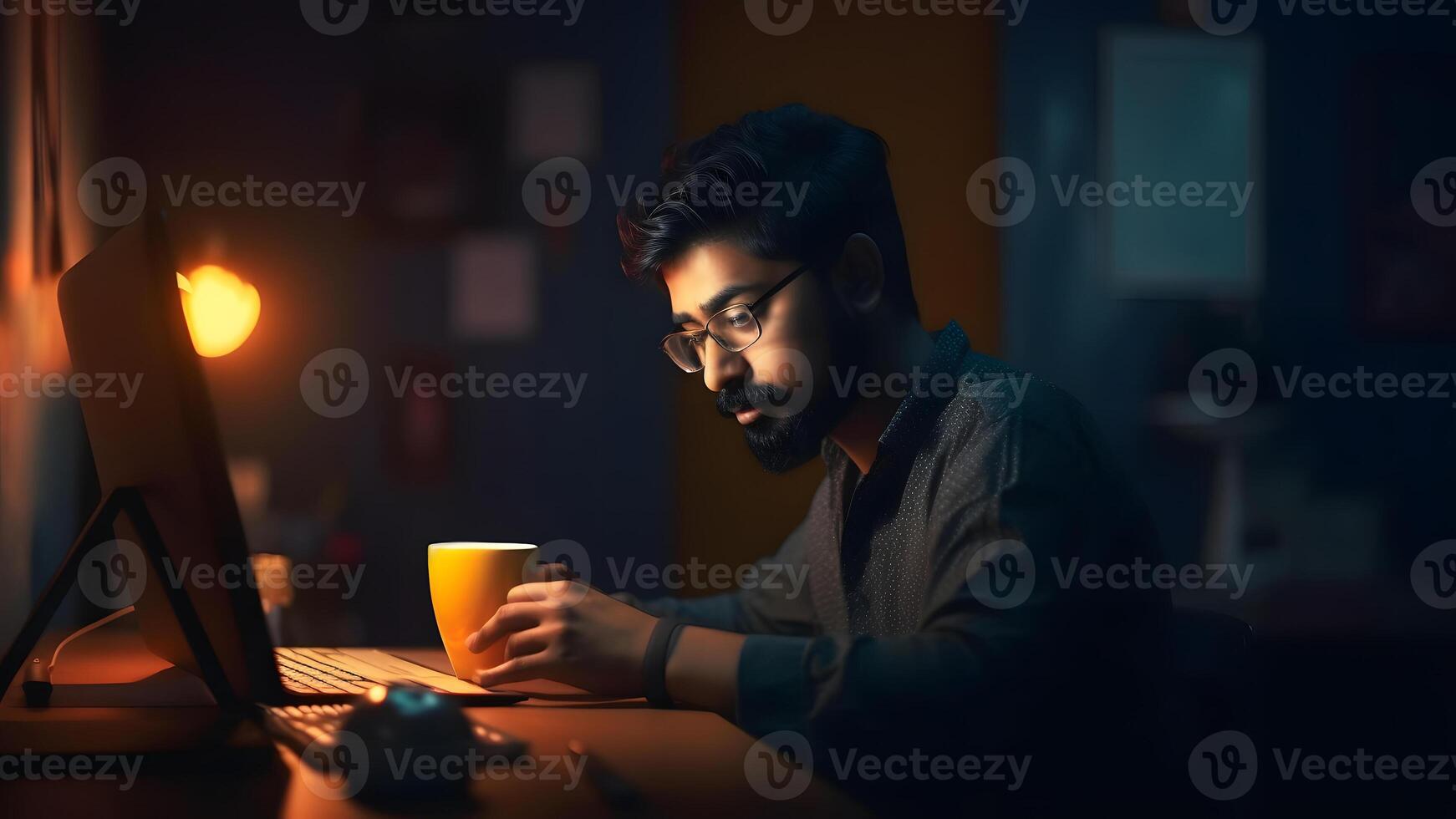 ai generiert jung indisch Mann mit Computer beim Arbeiten Tabelle beim Nacht beim Zuhause Büro, neural Netzwerk generiert Bild foto