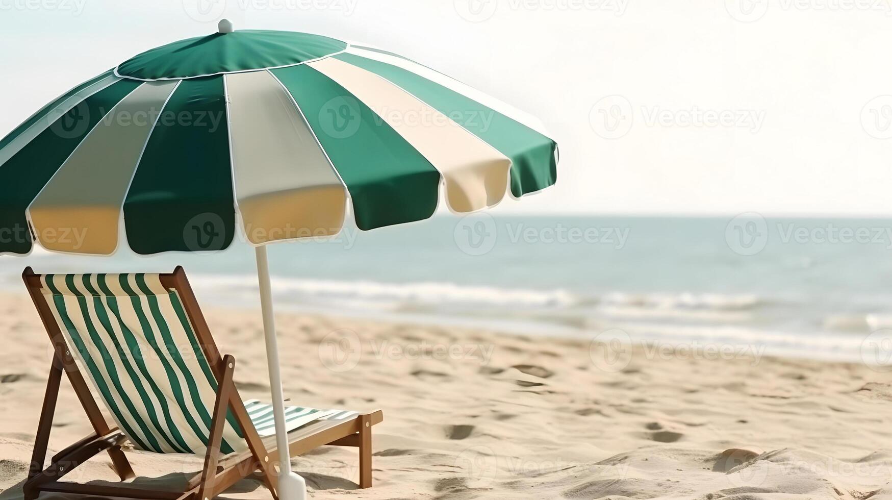 ai generiert Strand Regenschirm mit Stuhl auf das Sand Strand - - Sommer- Ferien Thema Header, neural Netzwerk generiert Kunst foto