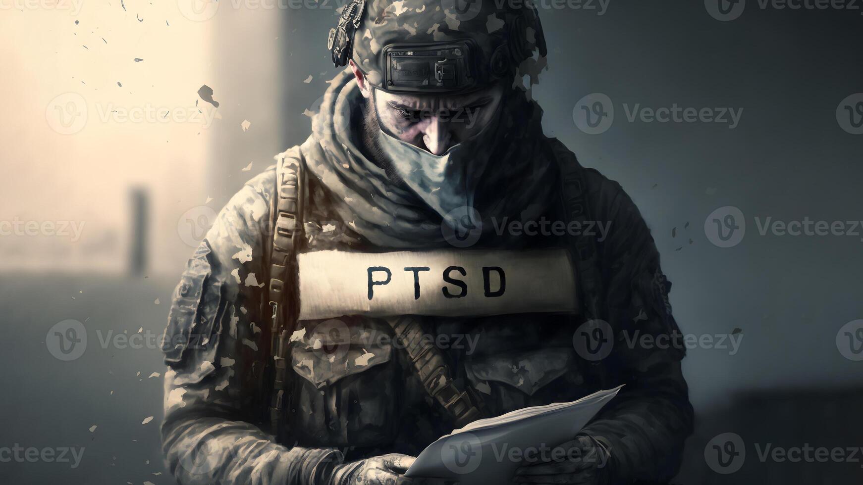 ai generiert kaukasisch Soldat halten Papier Unterlagen mit Zeichen ptsd auf seine Brust, neural Netzwerk generiert Kunst foto