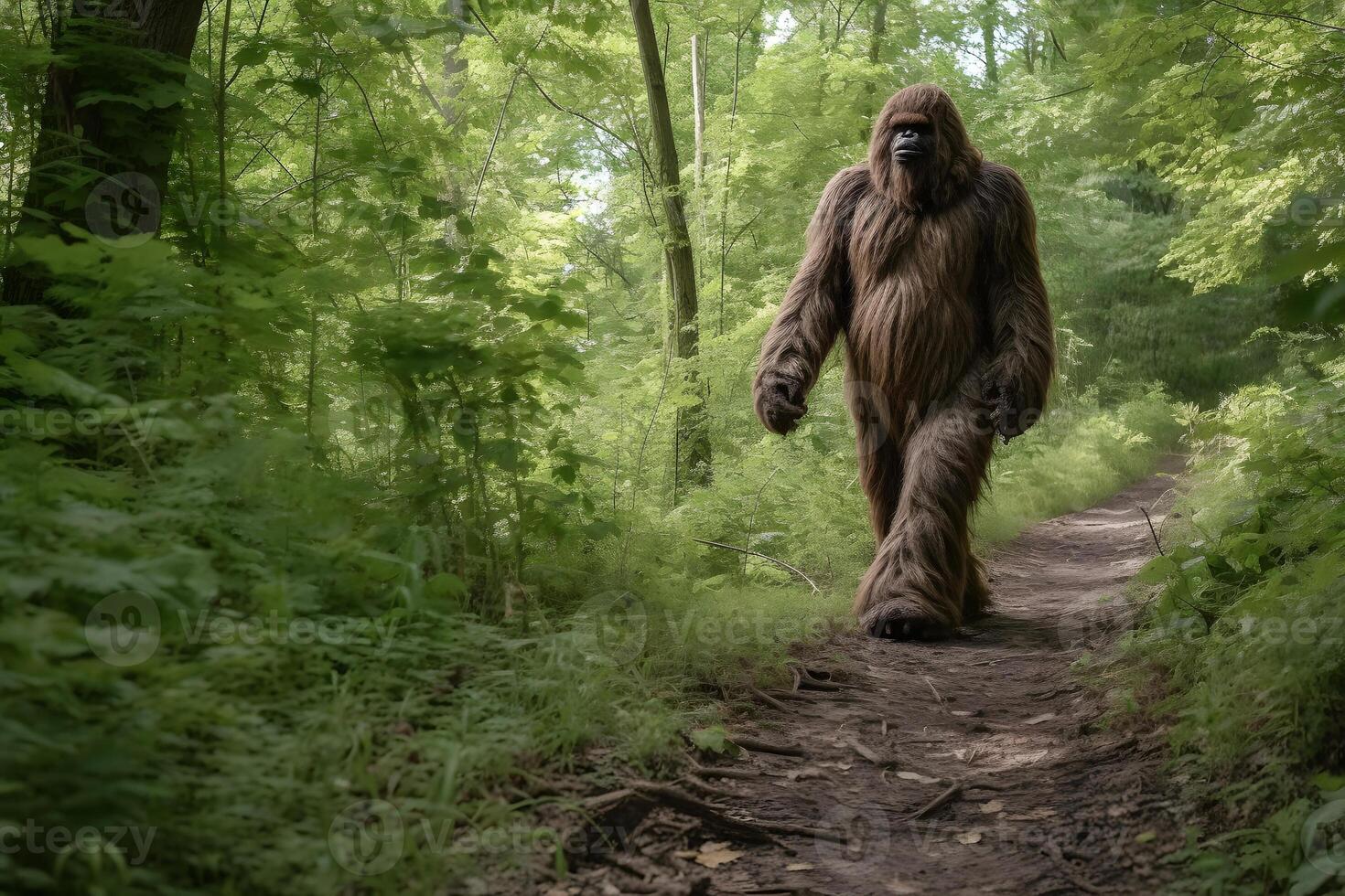 ai generiert Bigfoot im das Wald Gehen beim Tag Zeit, neural Netzwerk generiert fotorealistisch Bild foto