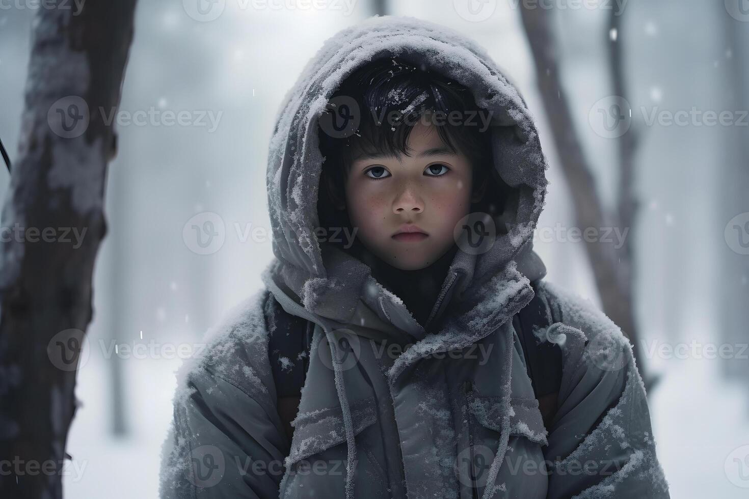 ai generiert asiatisch Junge hat verloren im Wald beim schneebedeckt Winter Tag, neural Netzwerk generiert fotorealistisch Bild foto