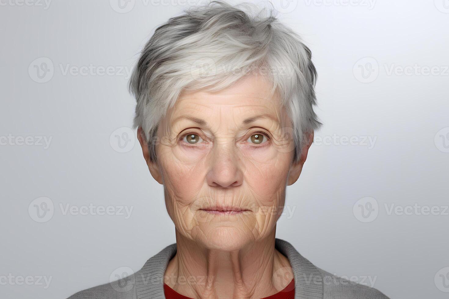 ai generiert Porträt von Senior grau haarig kaukasisch Frau auf Weiß Hintergrund. neural Netzwerk generiert fotorealistisch Bild. foto