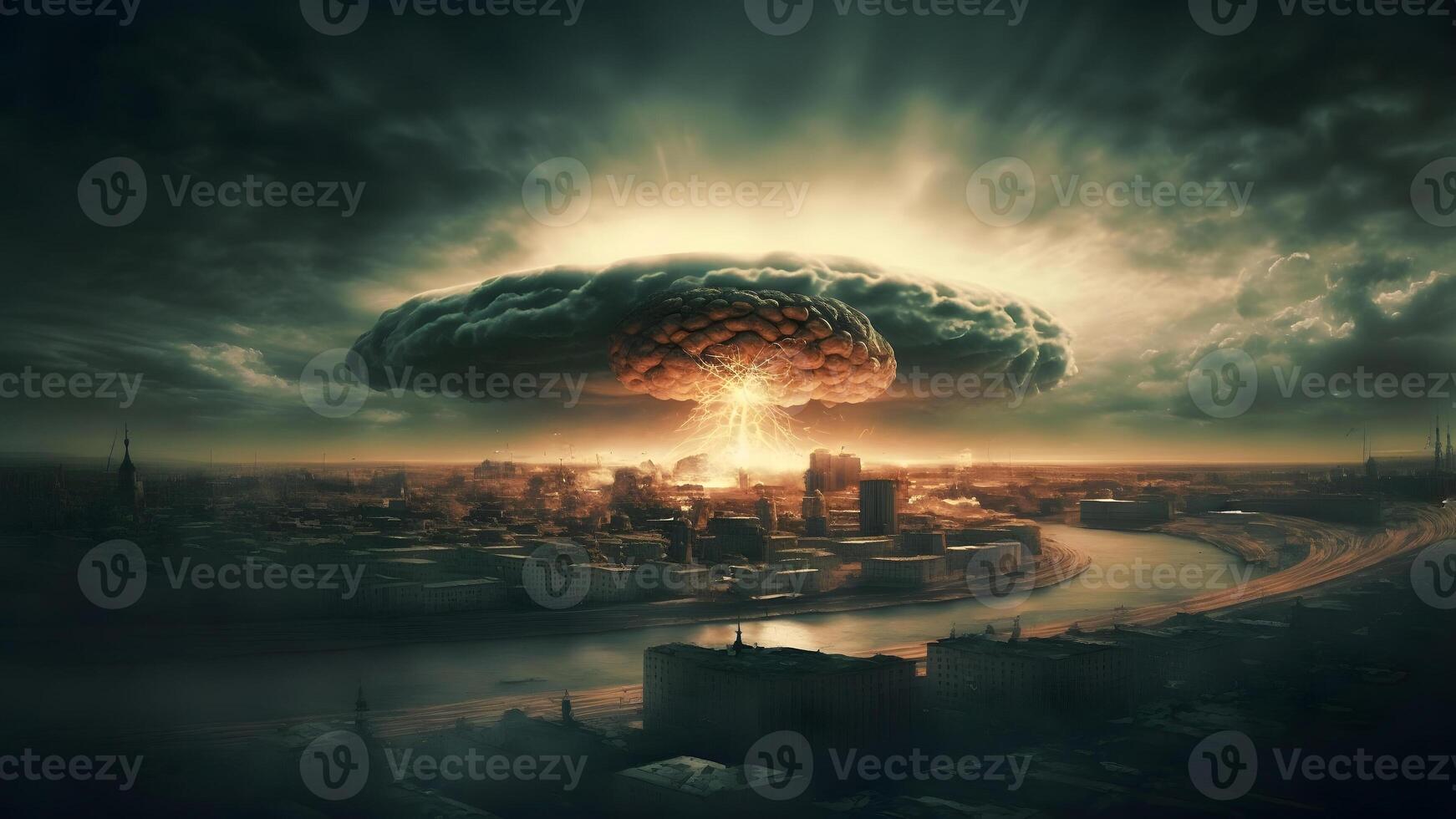 ai generiert nuklear Explosion Pilz Wolke Über Russisch Stadt beim Morgen, neural Netzwerk generiert Kunst foto