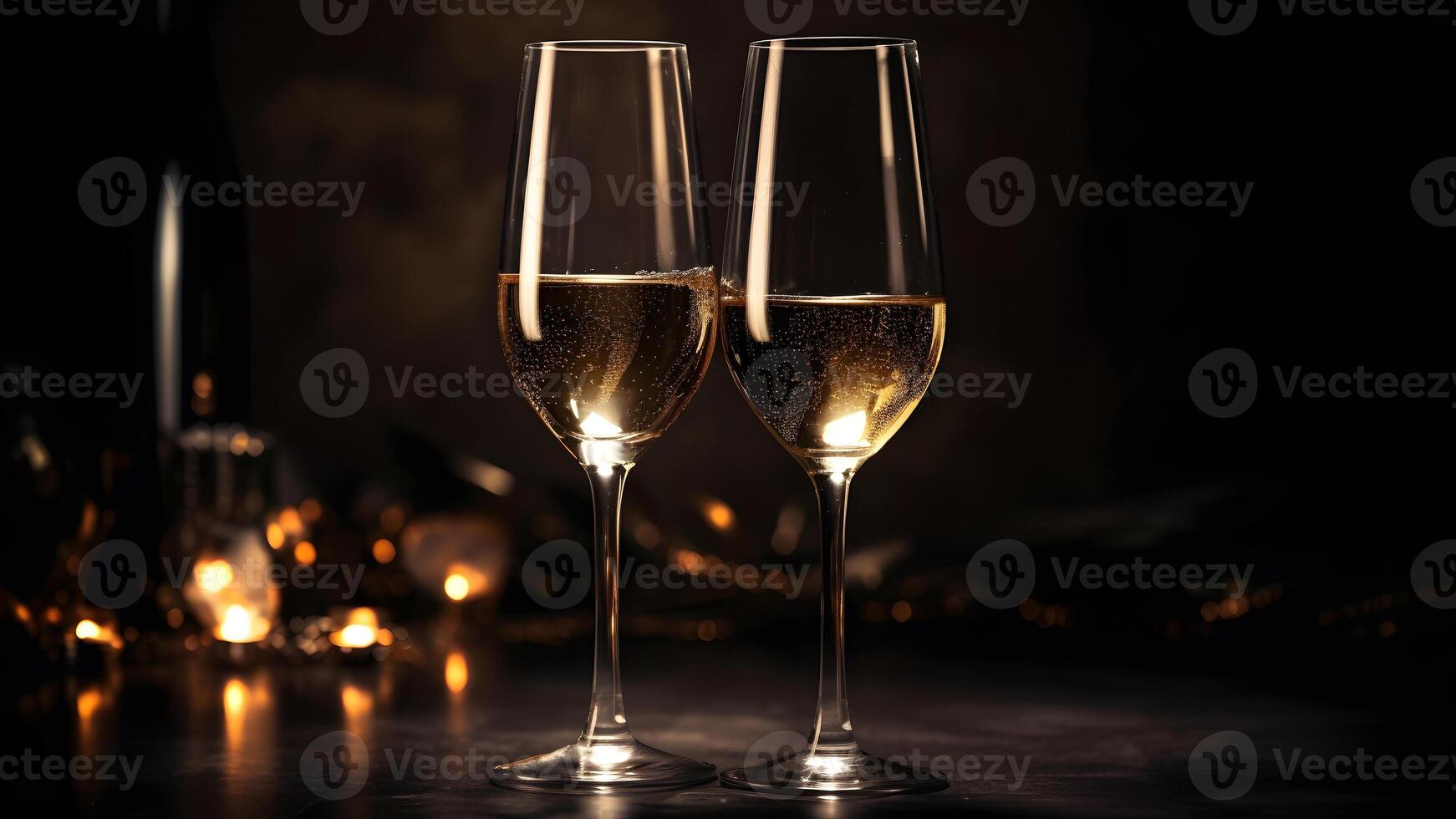 ai generiert zwei Brille von Champagner auf Tabelle im dunkel Umfeld, neural Netzwerk generiert fotorealistisch Bild foto