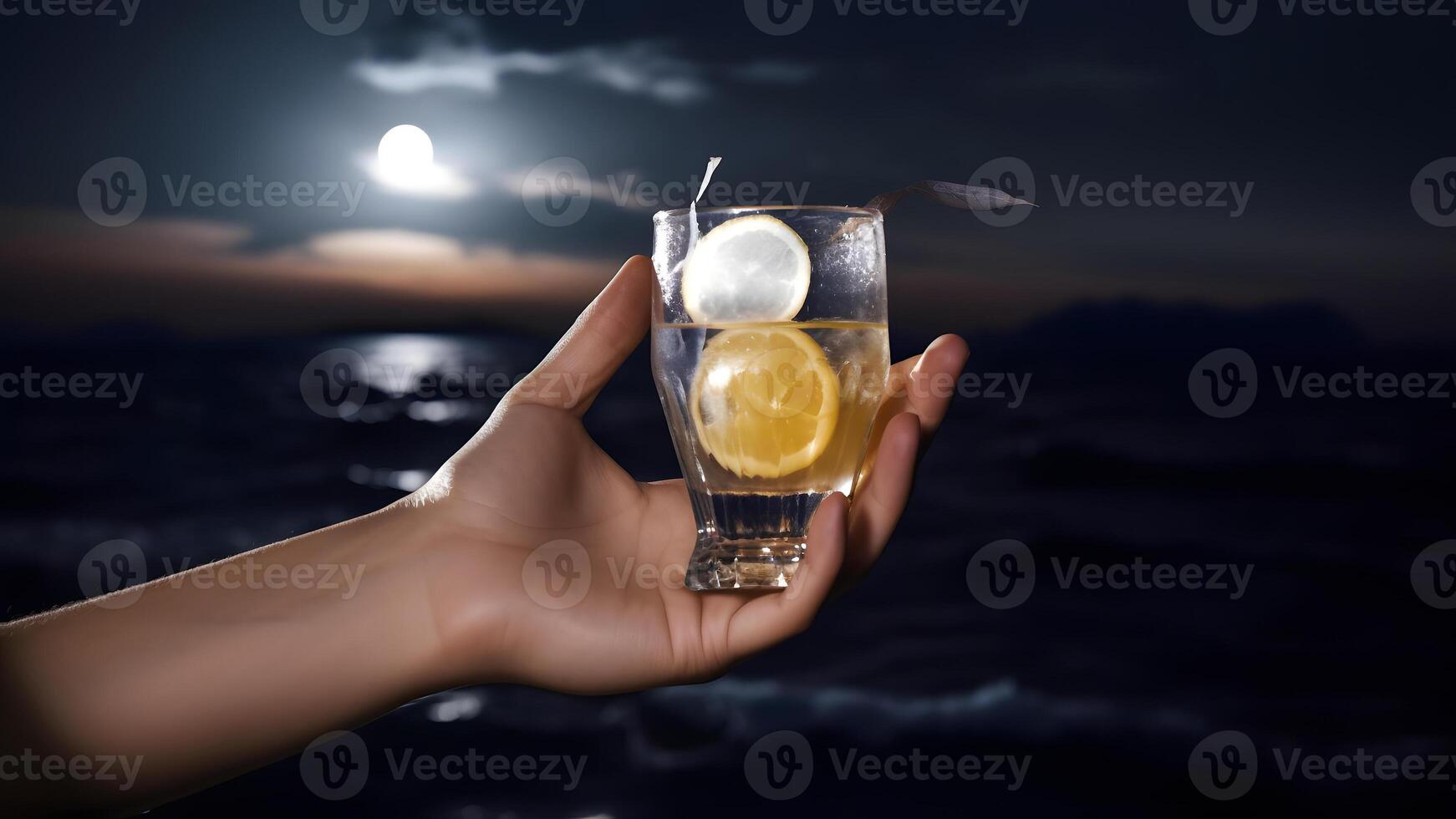 ai generiert Weiß Frau Hand halten Glas von Cocktail auf verschwommen Meer Horizont Hintergrund beim voll Mond Nacht, neural Netzwerk generiert Bild foto