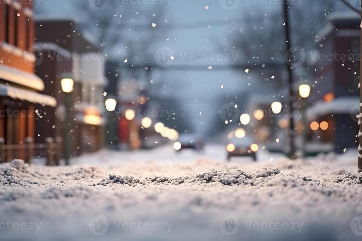 ai generiert klein amerikanisch Stadt, Dorf Straße Aussicht beim schneebedeckt Winter Abend, neural Netzwerk generiert Bild foto