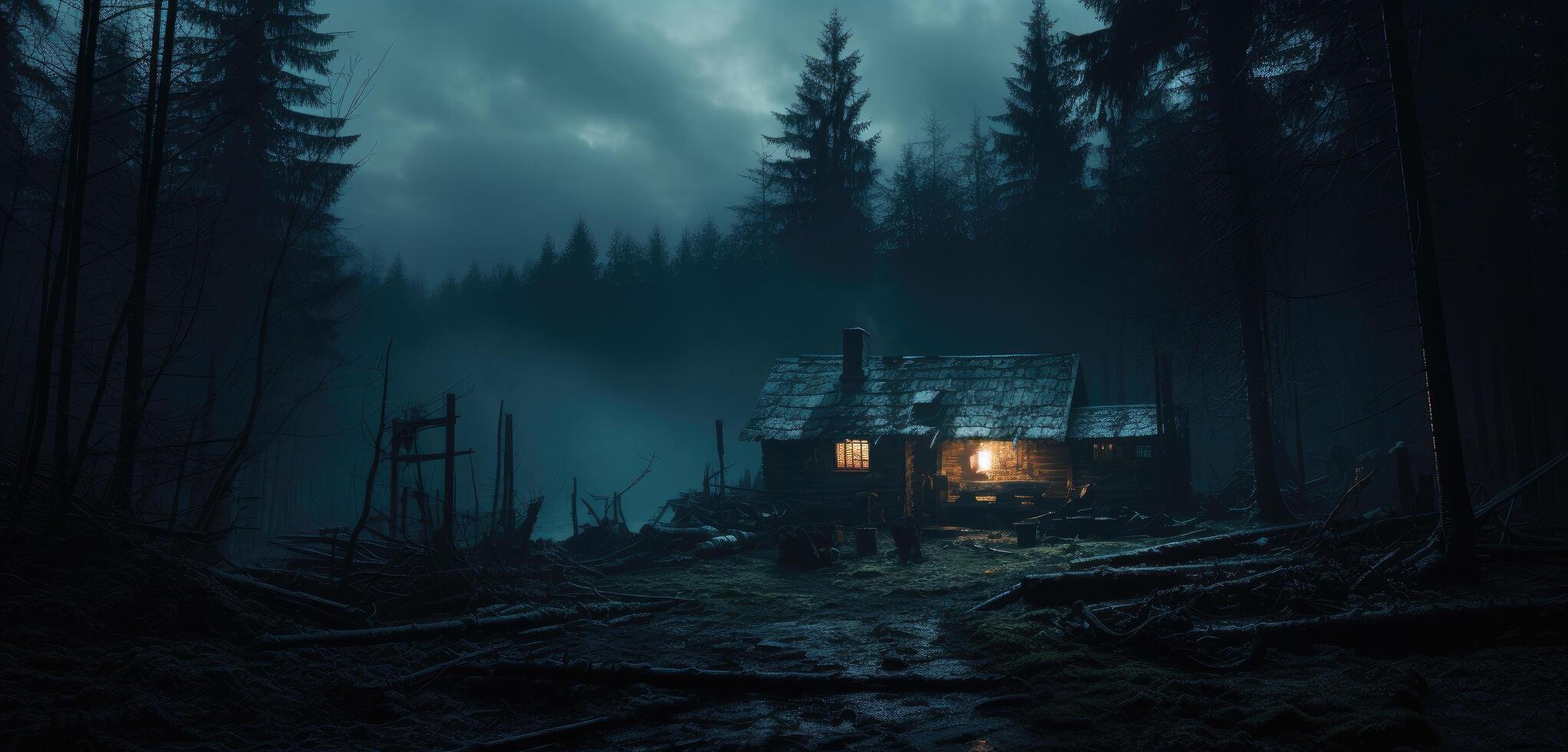 ai generiert Kabine im das dunkel Wald Winter Wald Hintergrund foto