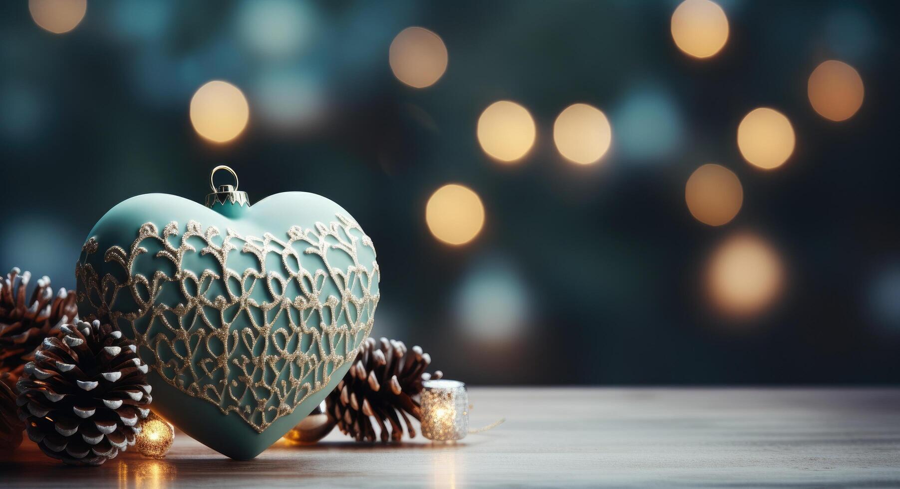 ai generiert Weihnachten Herz Ornament auf Tabelle mit Kiefer Zapfen im Hintergrund und Bokeh Himmel foto