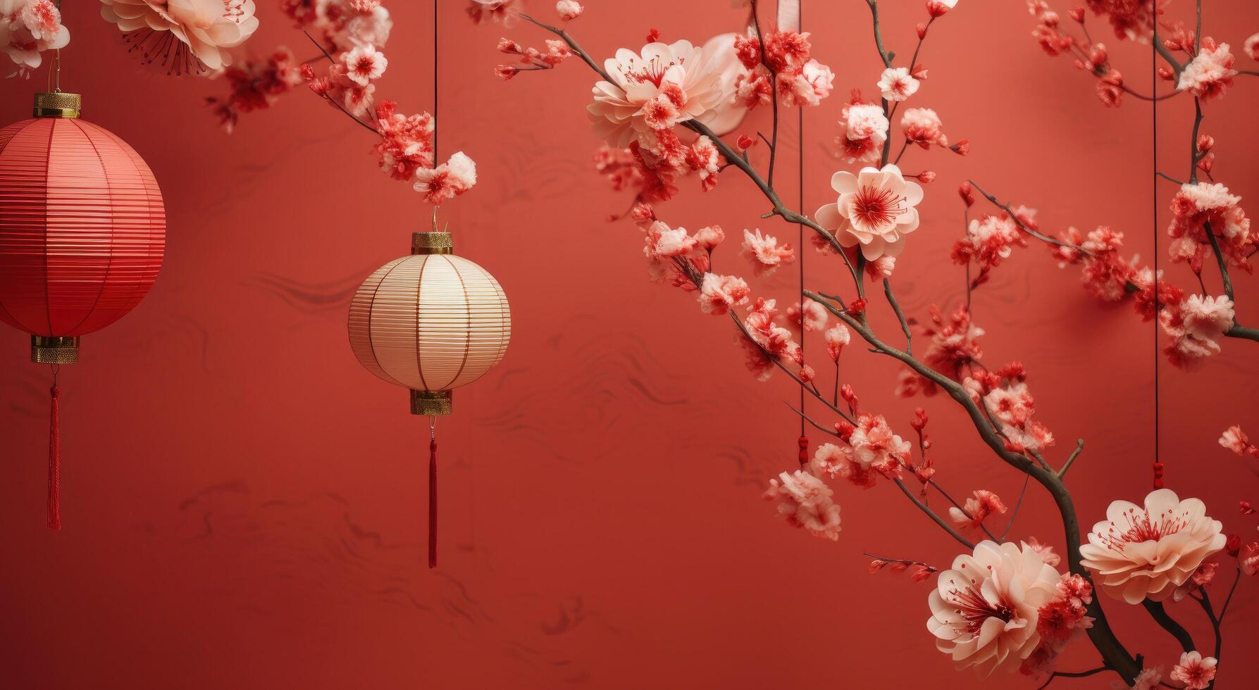 ai generiert Chinesisch Laterne im blühen gegen rot Hintergrund foto