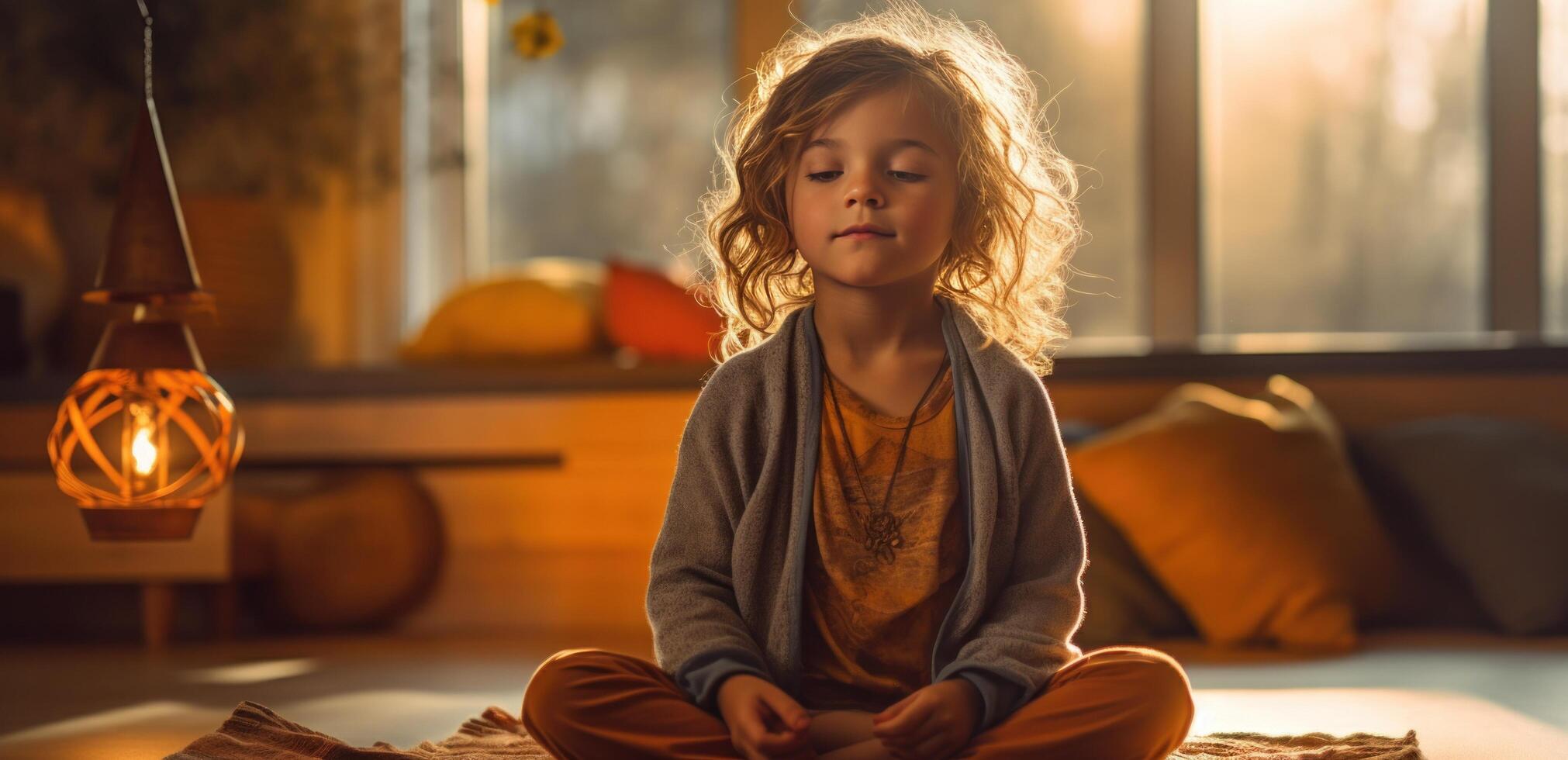 ai generiert süß jung Mädchen tun Yoga durch das Fenster foto