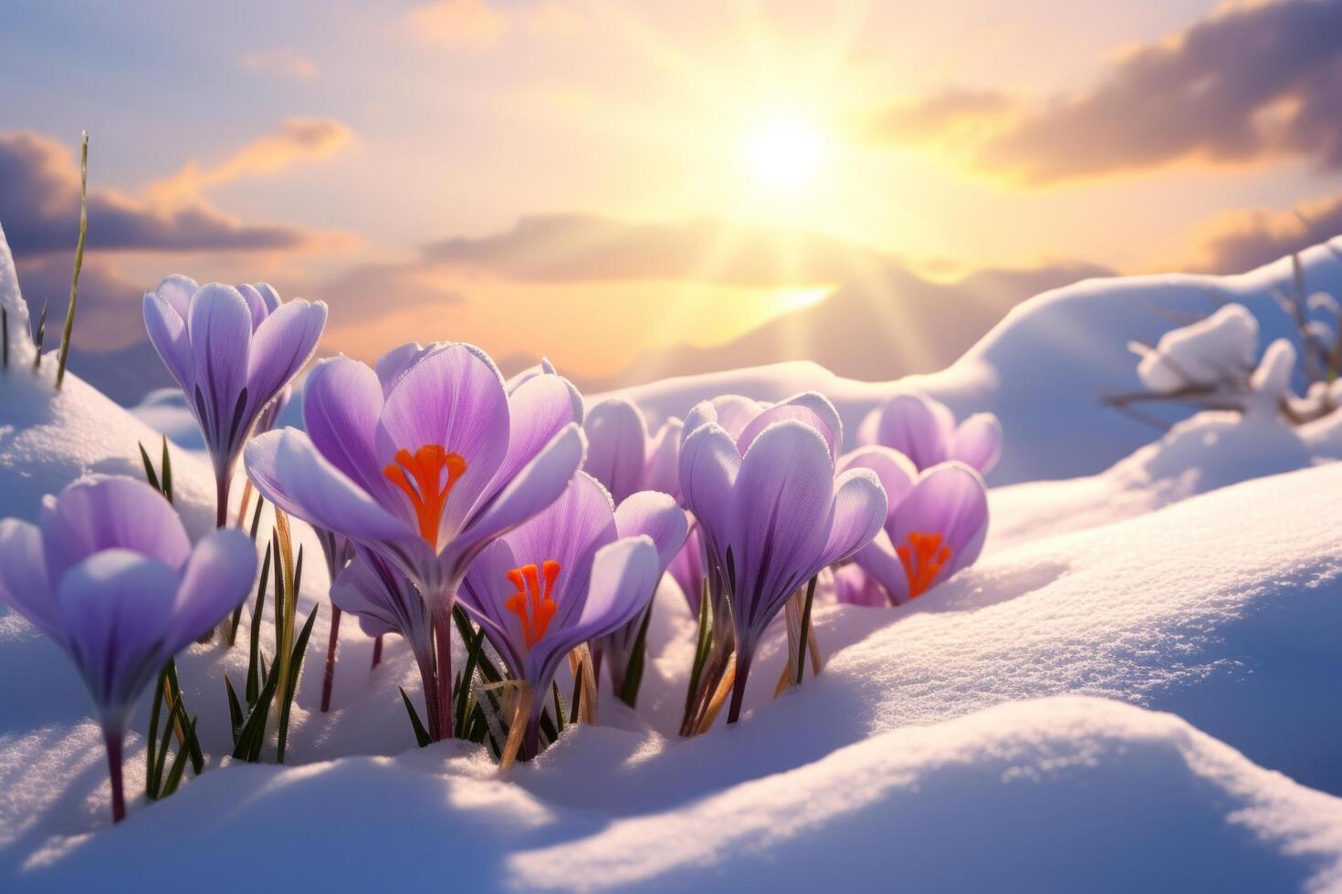 ai generiert Krokus im Schnee gegen das Sonne Winter Blumen foto