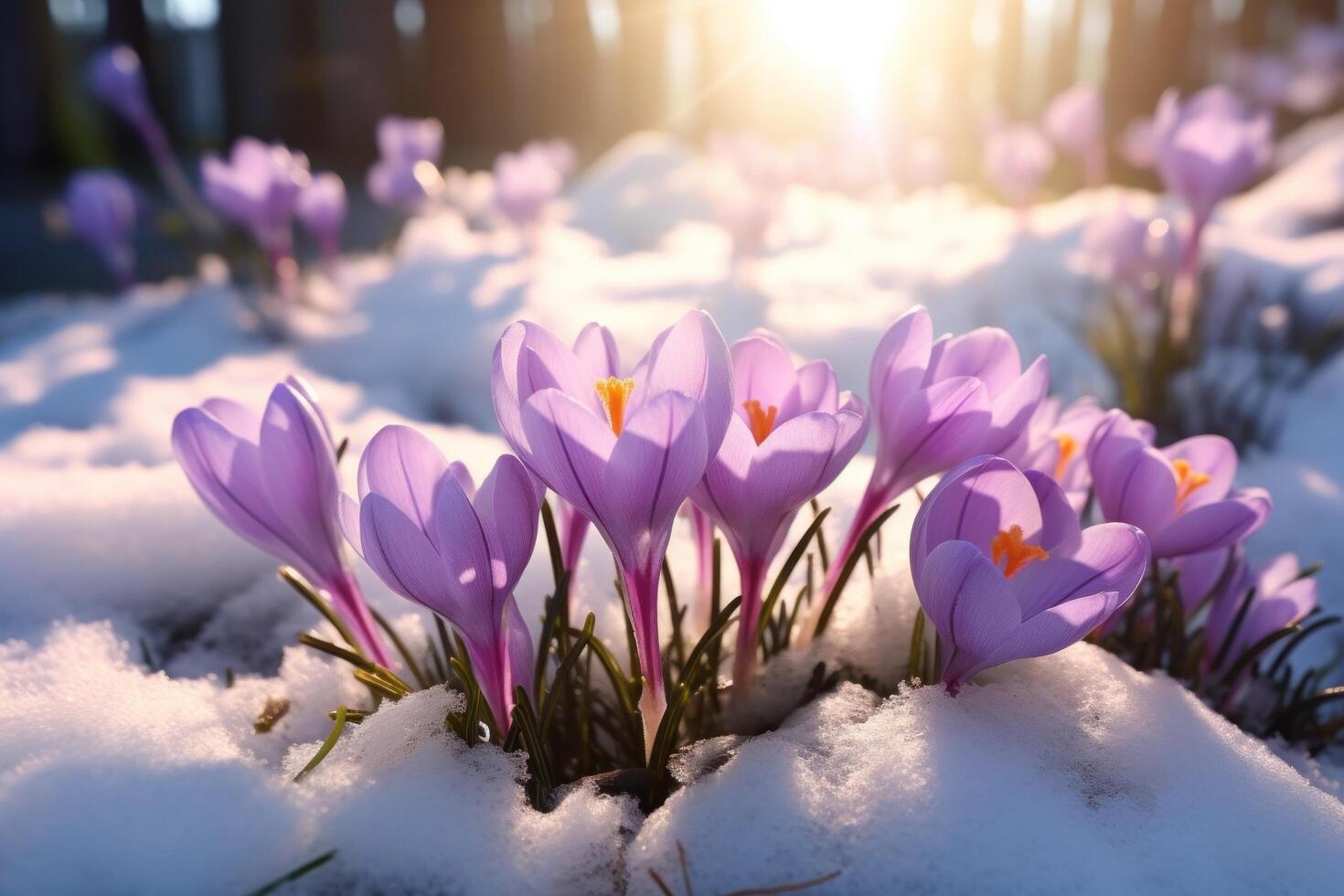 ai generiert Krokus im Schnee gegen das Sonne Winter Blumen foto