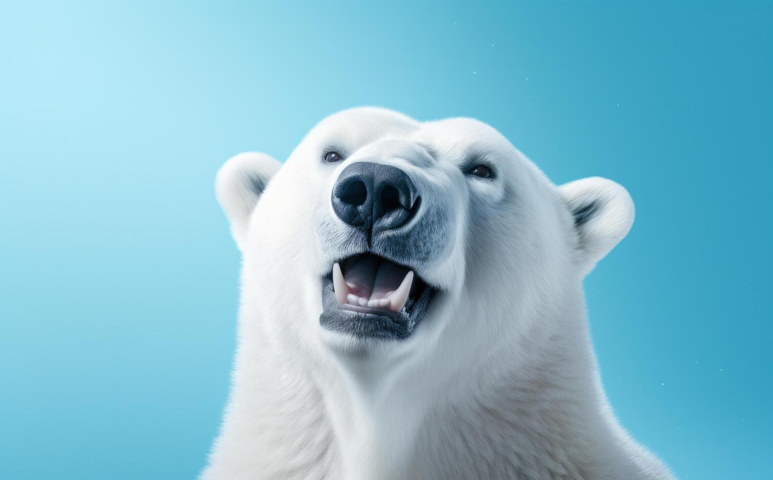ai generiert glücklich Weiß Polar- Bär Porträt gegenüber ein Blau Schatten foto