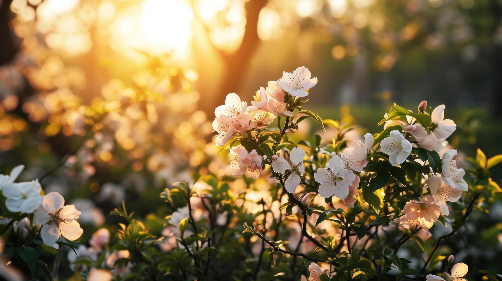 ai generiert Morgen Hintergrund mit Blühen Blumen, Sanft Sonnenlicht foto