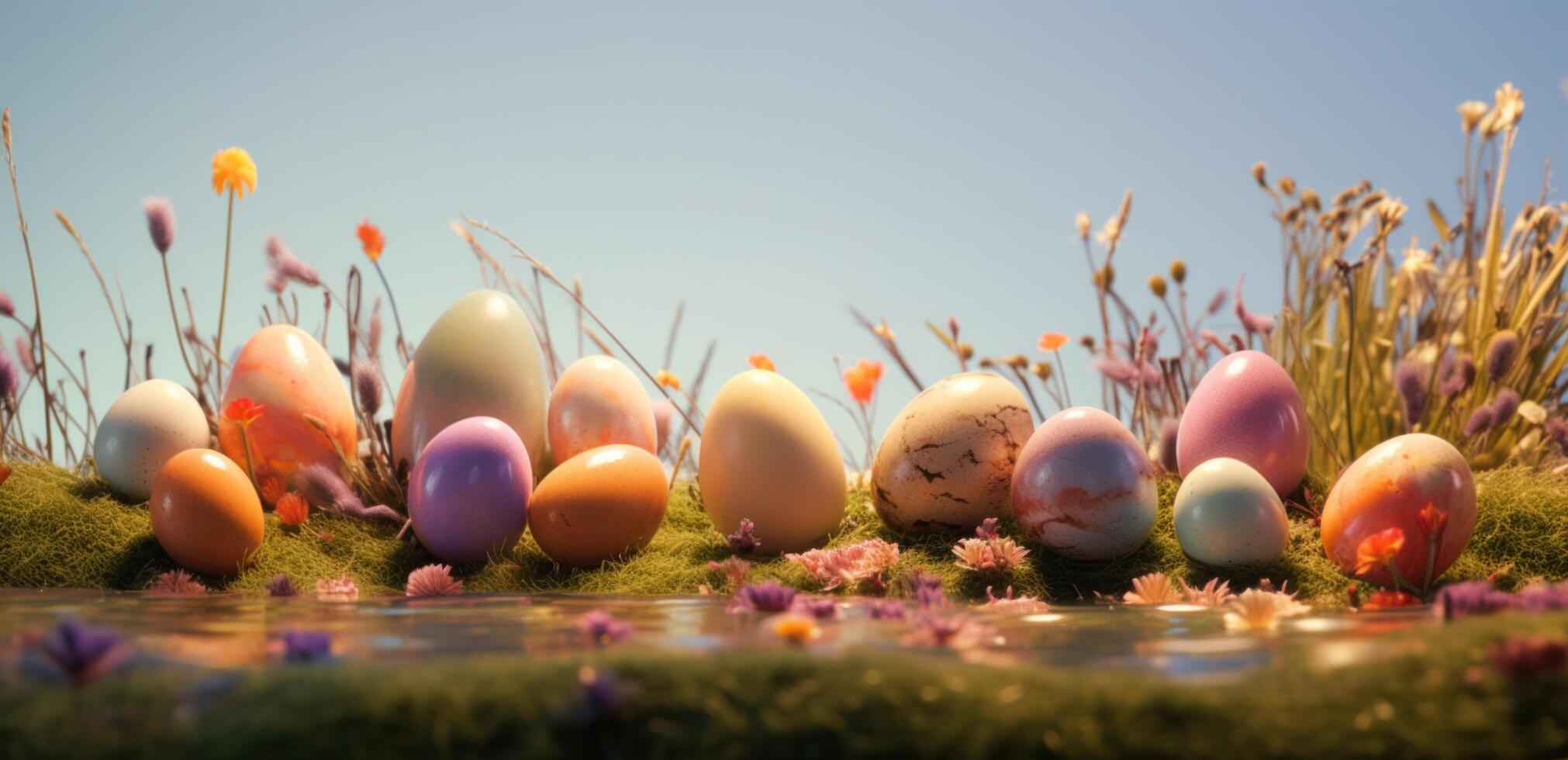 ai generiert das bunt Eier auf ein grasig Oberfläche mit Schatten foto