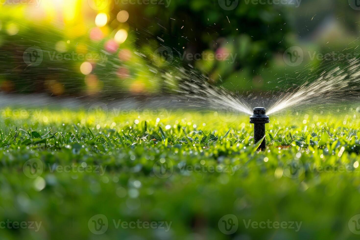 ai generiert Bewässerung das Rasen Gras im das Park Wasser spritzt gegen das Hintergrund von das Sonne generativ ai foto