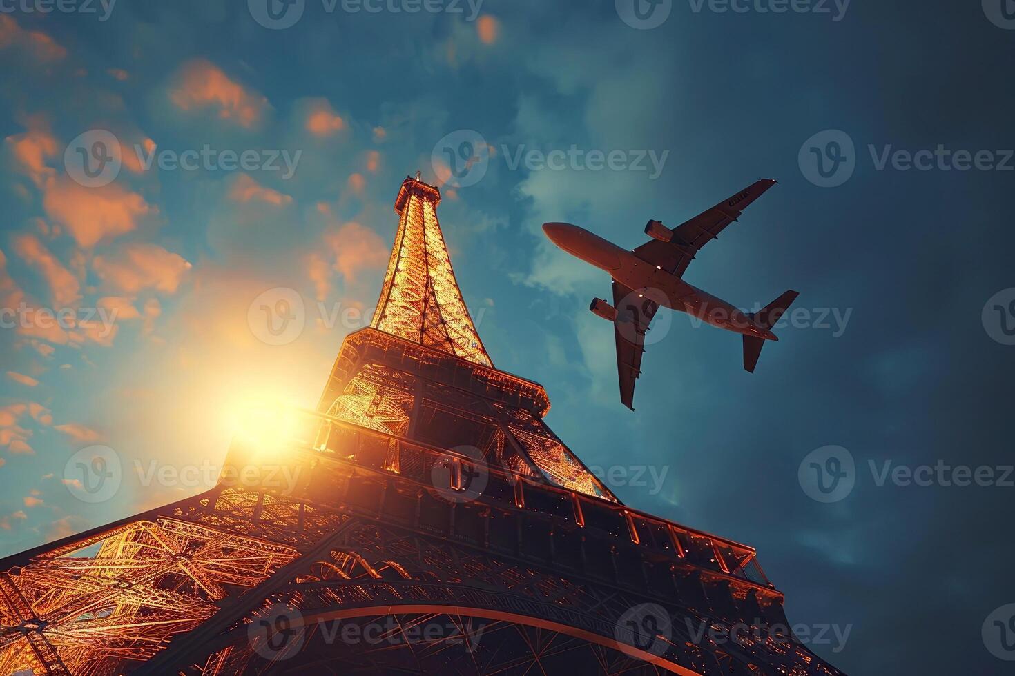 ai generiert Flugzeug über Eiffel Turm im Paris, C, Reise Europa, szenisch, Umzug.ai generativ foto