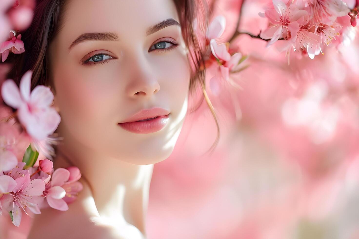 ai generiert Frühling blühen Schönheit Frau im Pastell- Rosa Blumen- Banner foto