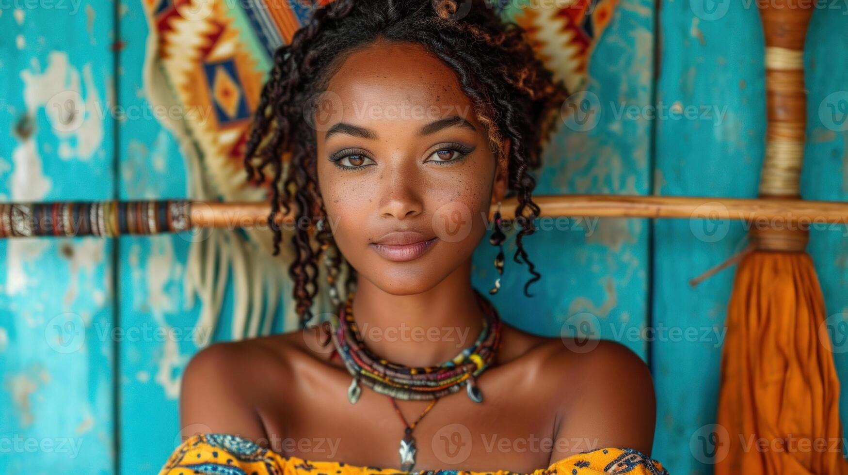 ai generiert Porträt von ein schön jung afrikanisch Frau mit afro Frisur foto