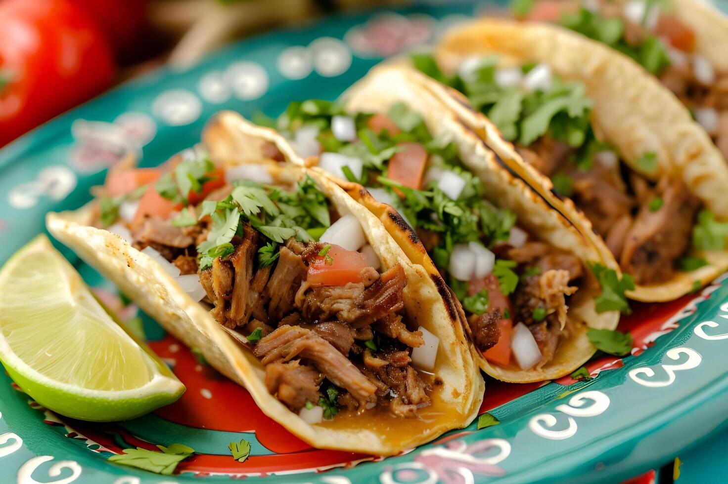 ai generiert Carnitas Fiesta Tacos auf ein traditionell Volk Keramik Gericht foto