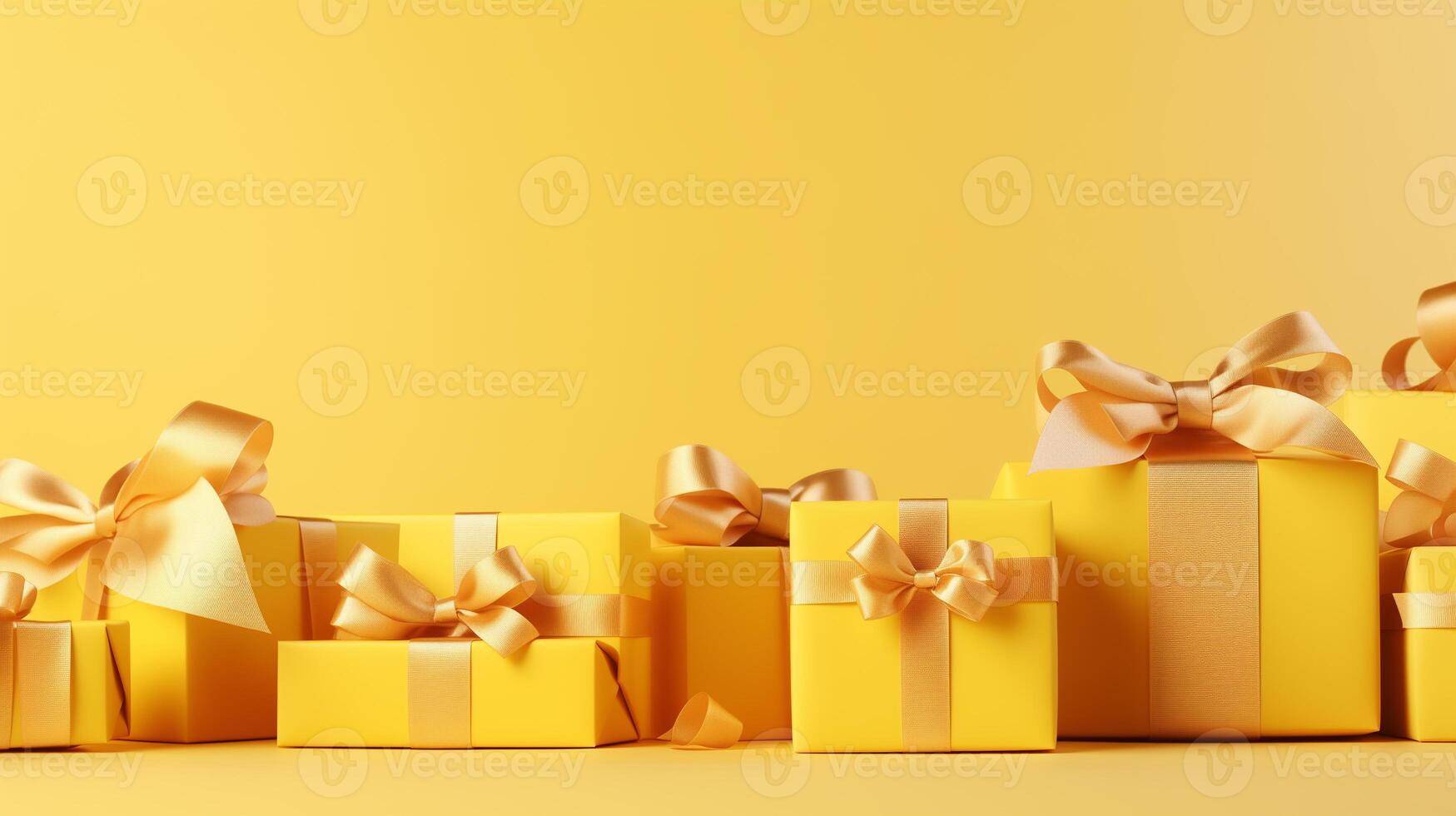 ai generiert Gelb Geschenk Kisten mit Bänder auf ein Gelb Hintergrund. festlich Hintergrund mit Platz zum Text foto