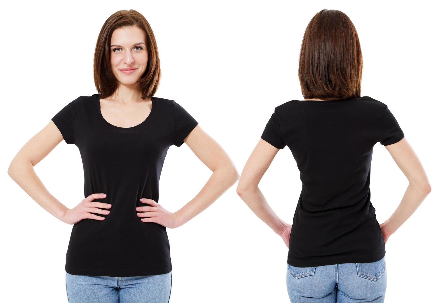 Mädchen im stylischen schwarzen T-Shirt isoliert auf weißem Hintergrund, Textfreiraum, leer foto