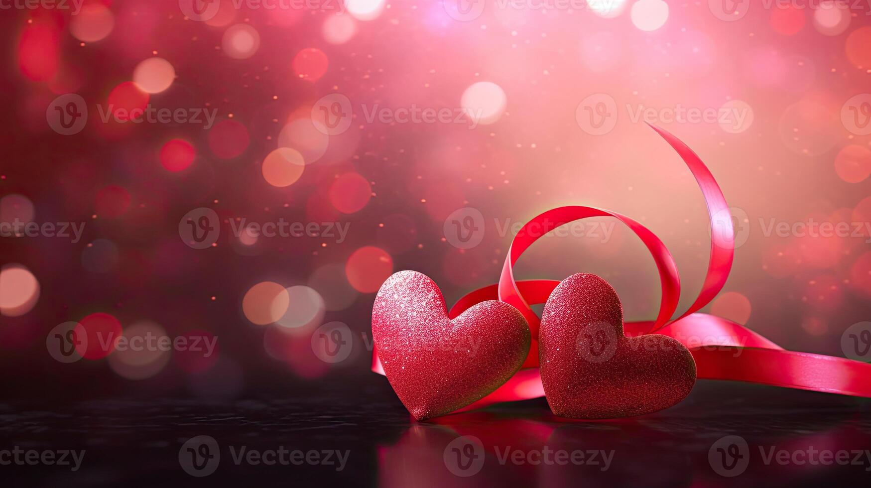 ai generiert zwei rot Herzen mit Band auf glänzend Bokeh glühend Hintergrund, Valentinstag Tag Netz Banner foto