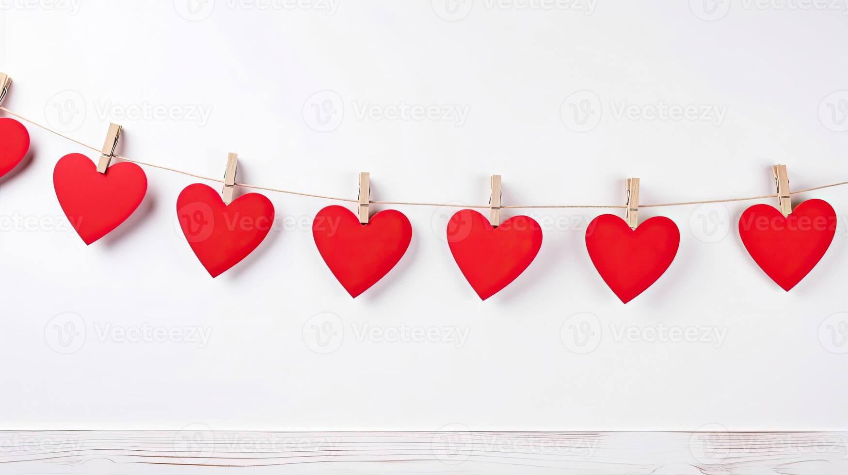 ai generiert rot Herzen auf Seil mit Wäscheklammern auf ein Weiß hölzern Valentinstag Kopieren Raum Hintergrund foto