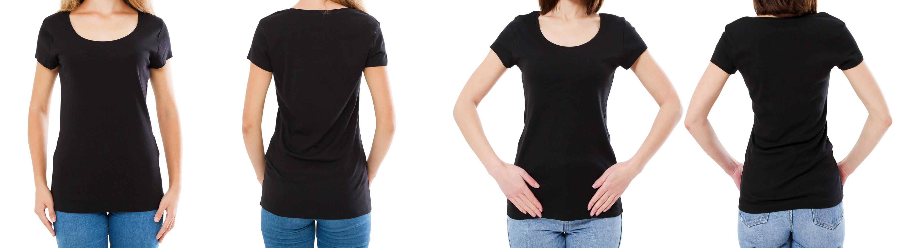 Zwei Frauen im schwarzen T-Shirt beschnittenes Bild Vorder- und Rückansicht, T-Shirt-Set, Mockup-T-Shirt leer foto