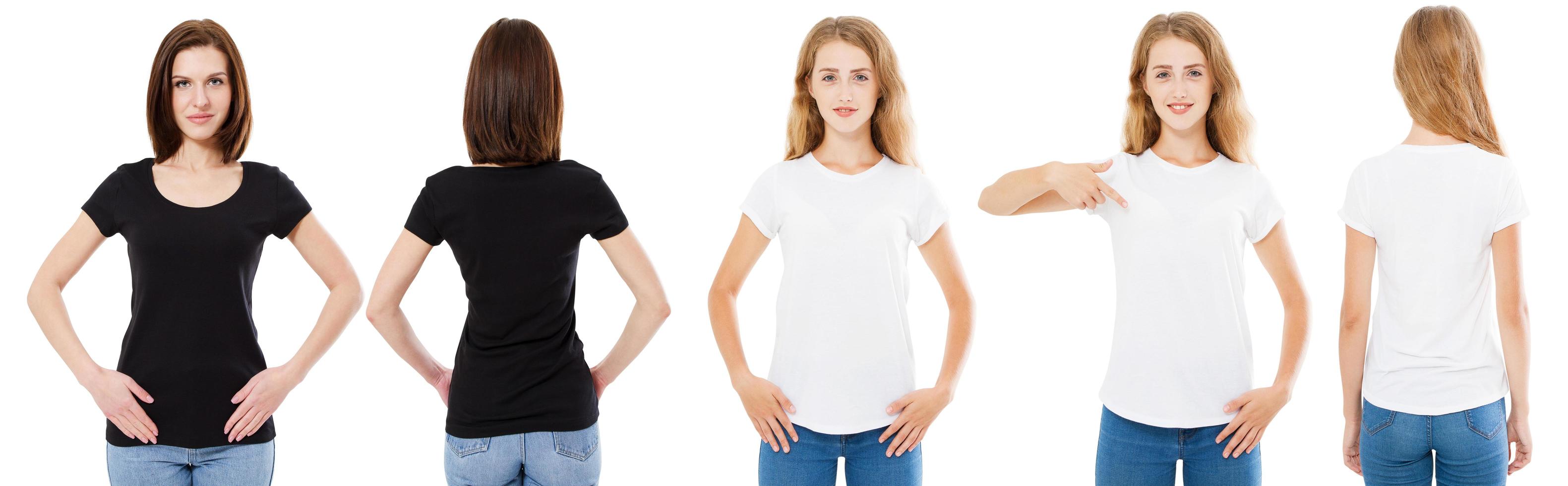 T-Shirt-Set. Vorder- und Rückansicht Brünette und Blondine im weißen und schwarzen T-Shirt isoliert. zwei Mädchen in leerem Hemd, Mock-up, Collage, Kopierraum, Vorlage foto