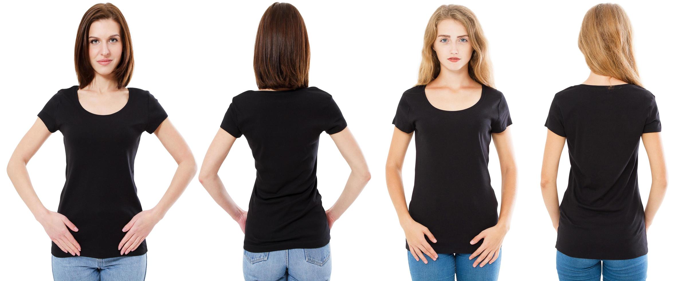 T-Shirt-Set. vorne und hinten Brünette und Blondine im schwarzen T-Shirt auf weißem Hintergrund. zwei Mädchen in leerem Hemd, Mock-up, Collage, Kopierraum, Vorlage foto
