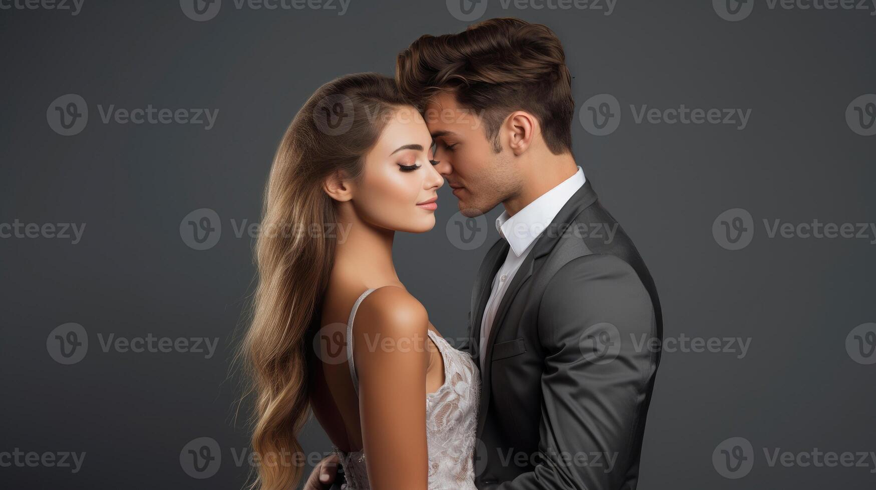 ai generiert schön glücklich schön Paar sind küssen auf grau Hintergrund, Valentinstag Konzept foto