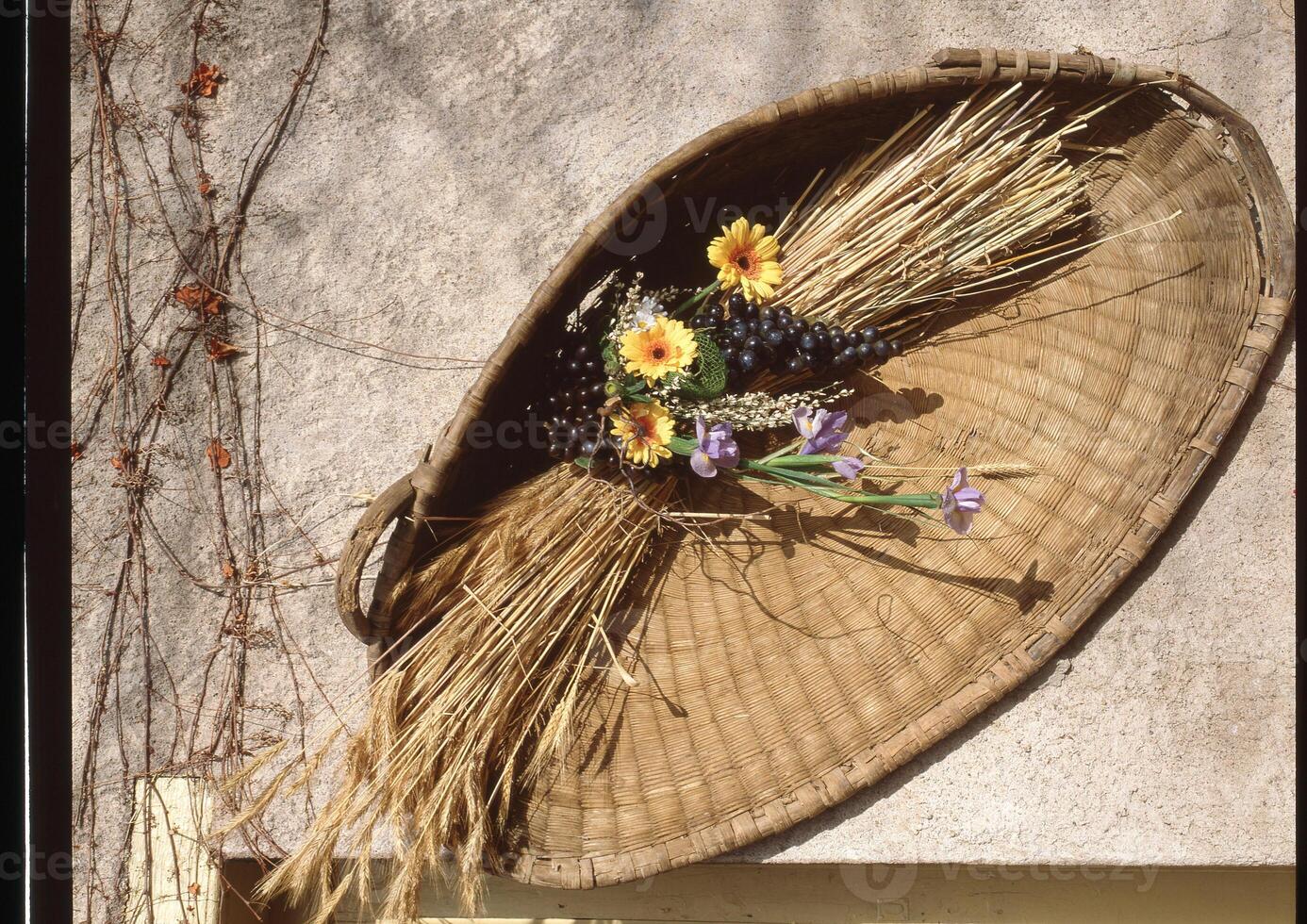 ein Korb mit Blumen und Blätter foto