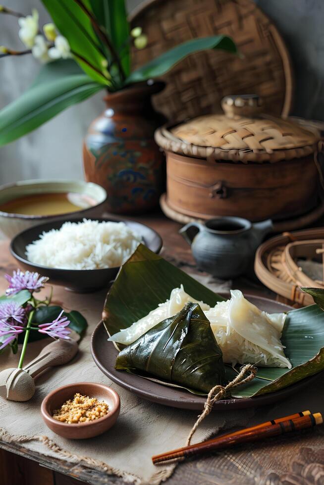 ai generiert Zongzi Fest Enthüllung das Reich Aromen im Bambus Blatt Wraps foto