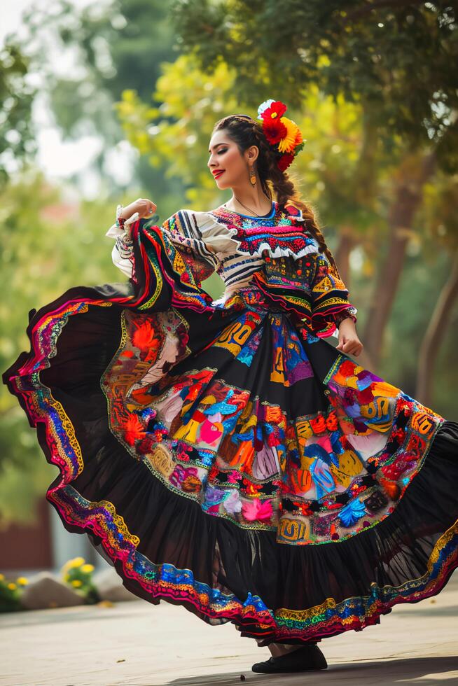 ai generiert rhythmisch Eleganz Frau Umarmen das Geist von Mexikaner Volk Traditionen foto