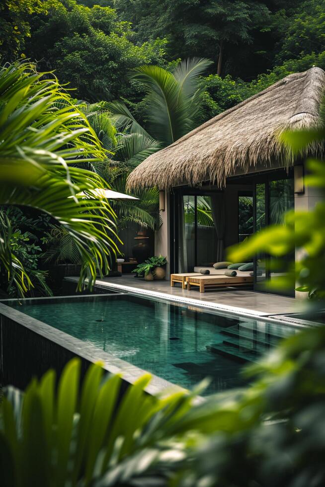 ai generiert Grün Rückzug luxuriös tropisch Spa Villa eingebettet im üppig Umfeld foto
