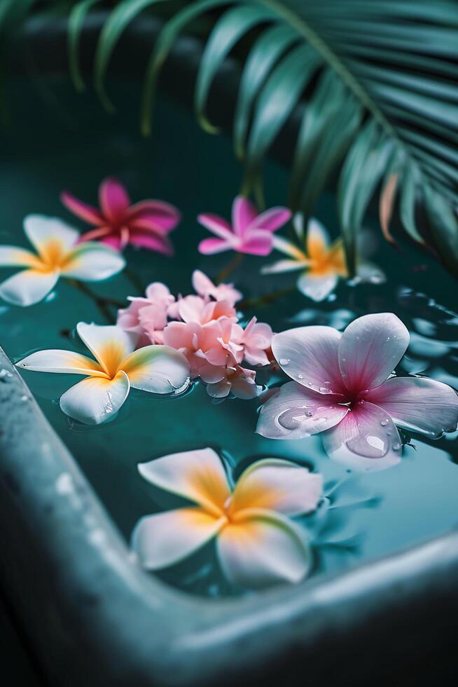 ai generiert Luxus Blütenblätter verwöhnen im ein tropisch Spa Bad mit schwebend Blumen foto