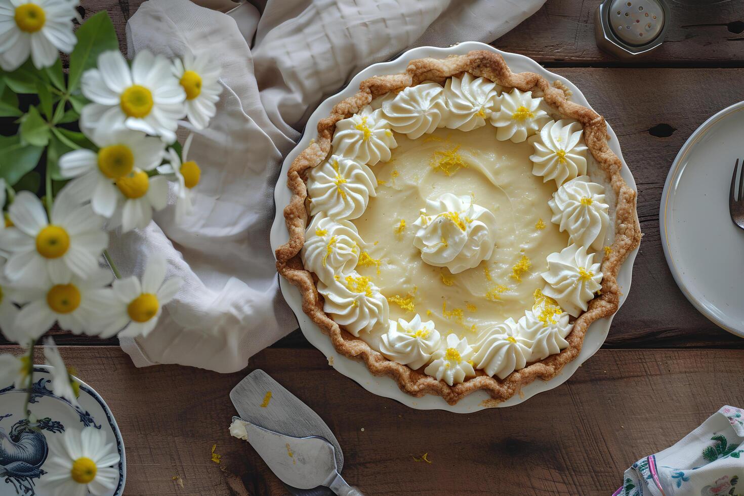 ai generiert Frühling Genuss Zitrone Sahne Kuchen mit flockig Kruste zum farmcore Eleganz foto