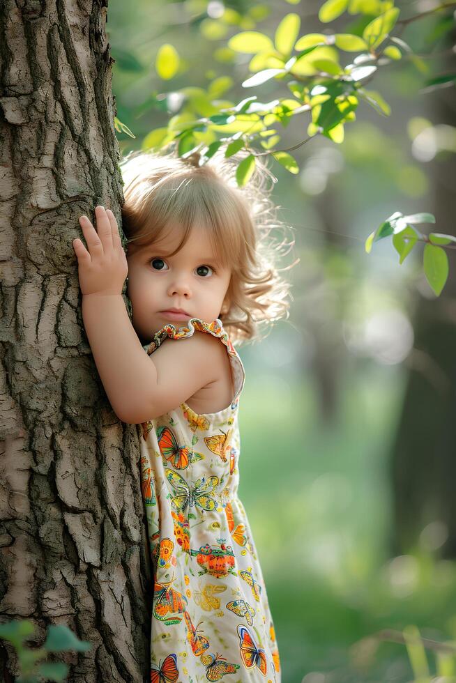 ai generiert Pastell- Freude Kleinkinder spielerisch Outfit mit Grün und Gelb Schmetterling Motiv foto