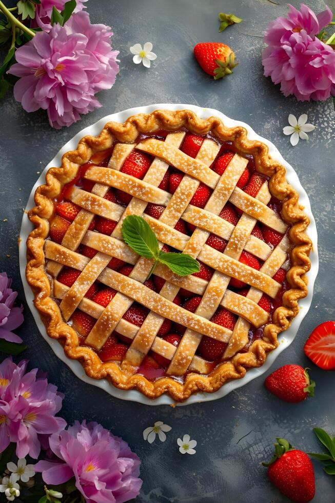 ai generiert Frühling Freude Overhead Aussicht von ein klassisch Erdbeere Kuchen mit Gitter Kruste foto