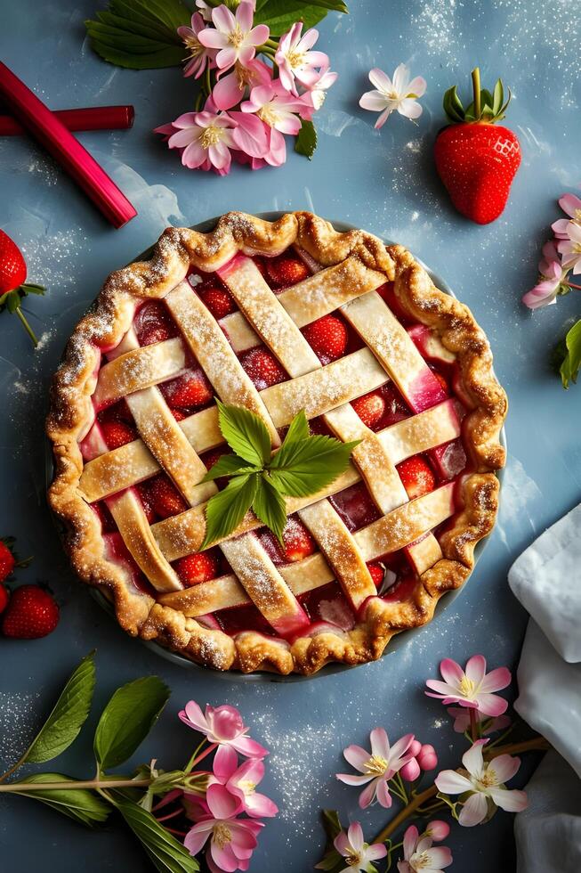 ai generiert üppig Duo ein Frühling Kuchen Freude - - Overhead Schuss von Erdbeere und Rhabarber foto