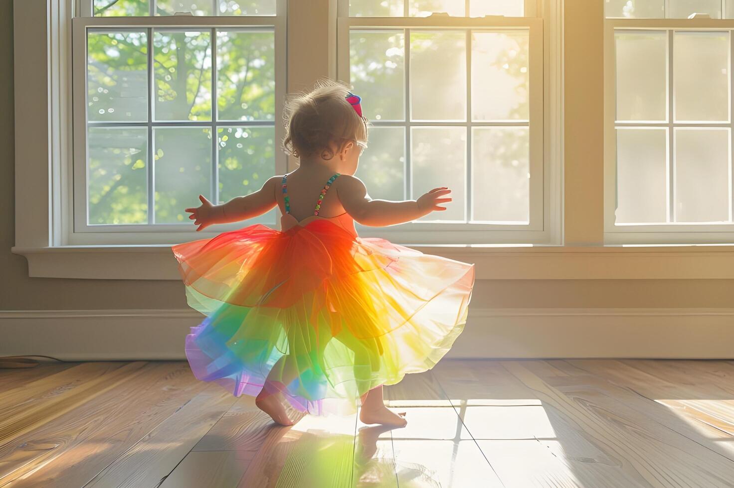 ai generiert bunt Süße bezaubernd Regenbogen Kleinkind Mode zum Frühling foto