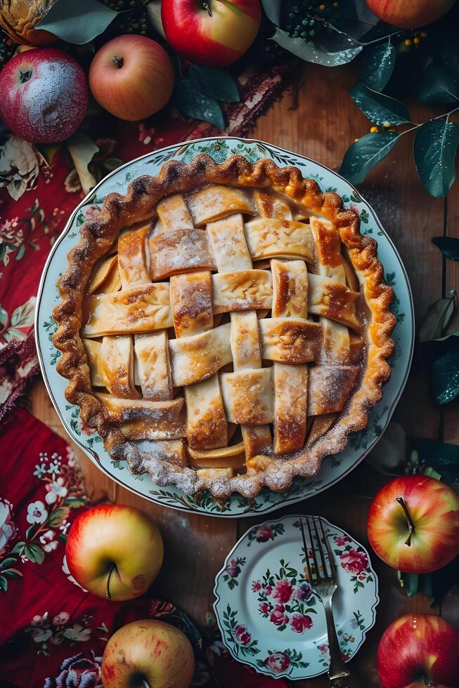 ai generiert Jahrgang Freude Apfel Kuchen Perfektion mit Blumen- Flair foto