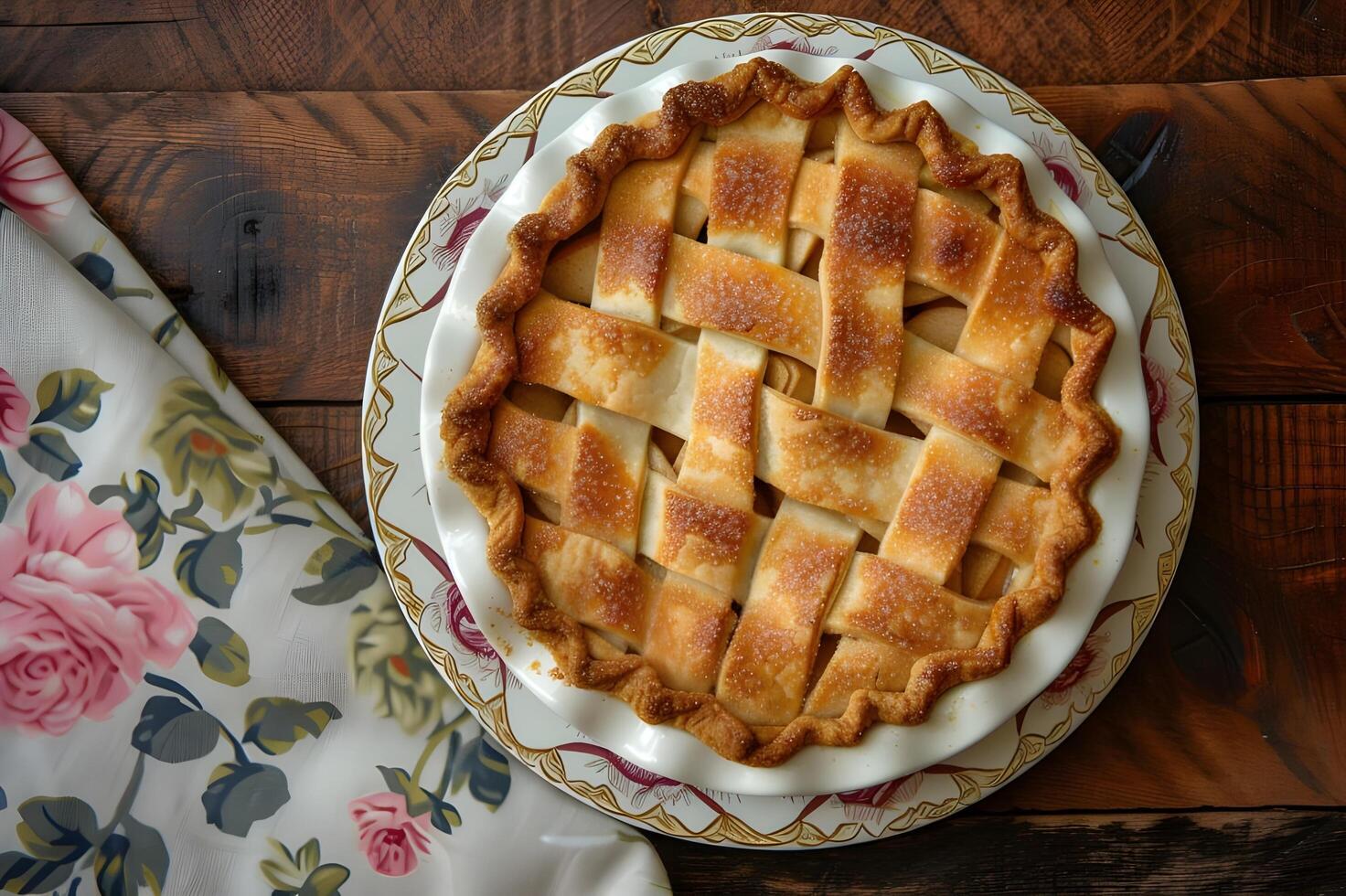 ai generiert Jahrgang Freude Apfel Kuchen Perfektion mit Blumen- Flair foto