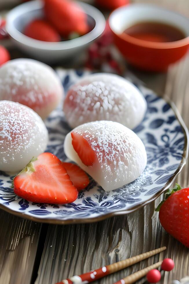 ai generiert Volk Verschmelzung Freude ichigo Daifuku auf Volk Serviette foto