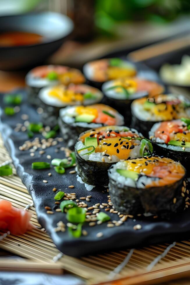 ai generiert nikkei Verschmelzung Kunst genießen Sushi Rollen mit aji Amarillo Aioli foto