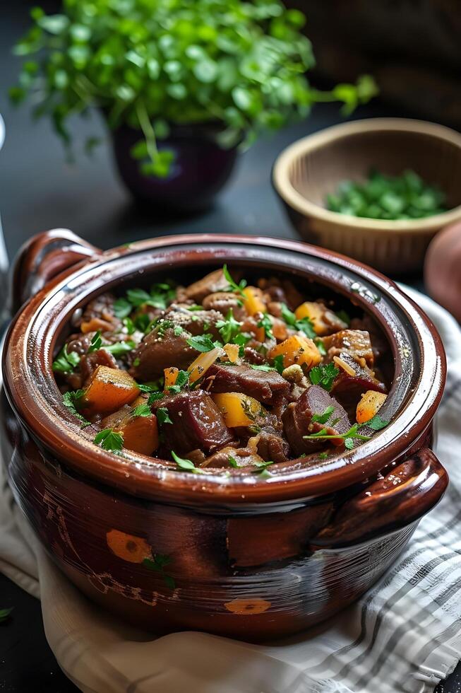 ai generiert zeitlos Aromen traditionell Portugiesisch Bohnenkraut Gericht Präsentation foto